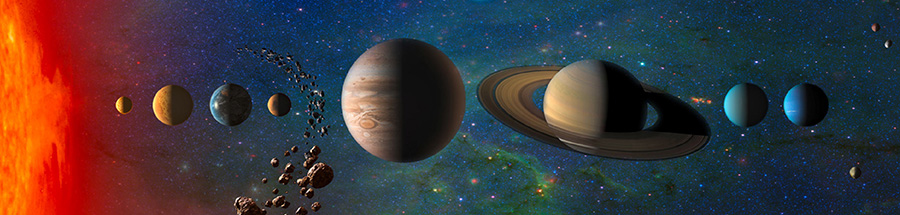 Artist rendering of the planets in a line, with the sun on the left
